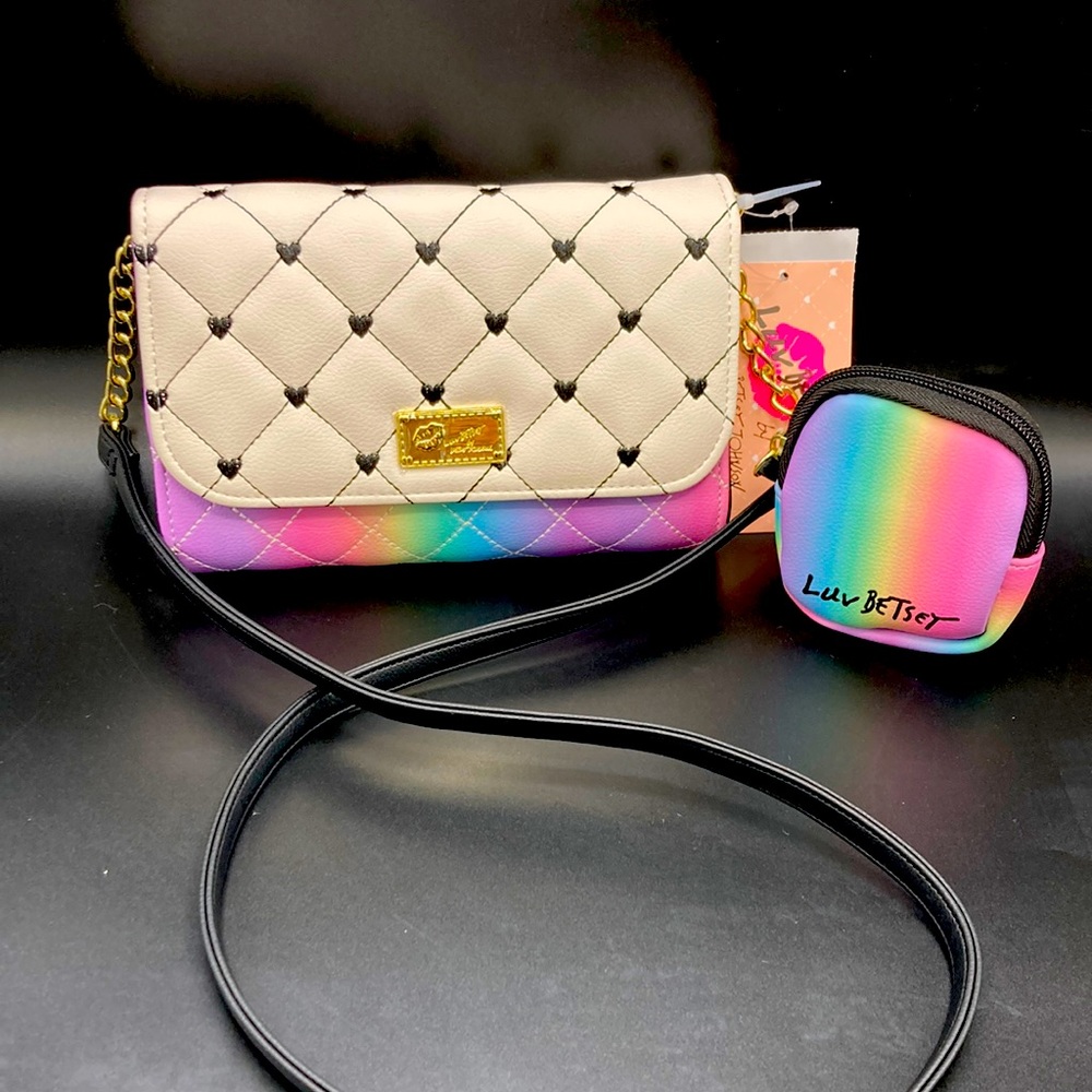 Betsey Johnson Embroidered Heart Rainbow ombré crossbody w/ pouch
